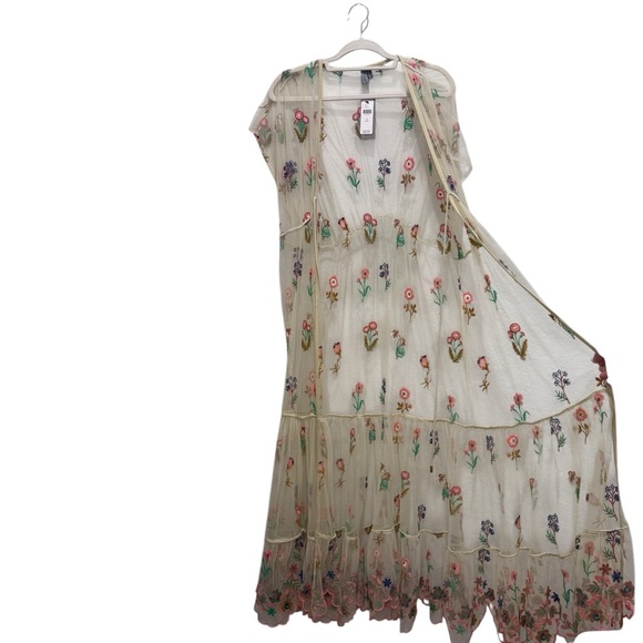 Anthropologie NWT BL^NK Sheer Embroidered Overlay Duster Cream Tan Pink One Size - Picture 7 of 14